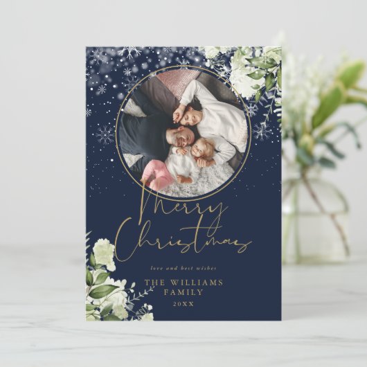 Frohe Weihnachten Blumenschnee Gold und blaues Fot (Stehend Vorderseite)