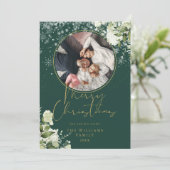 Frohe Weihnachten Blumenschnee Gold und grünes Fot (Stehend Vorderseite)