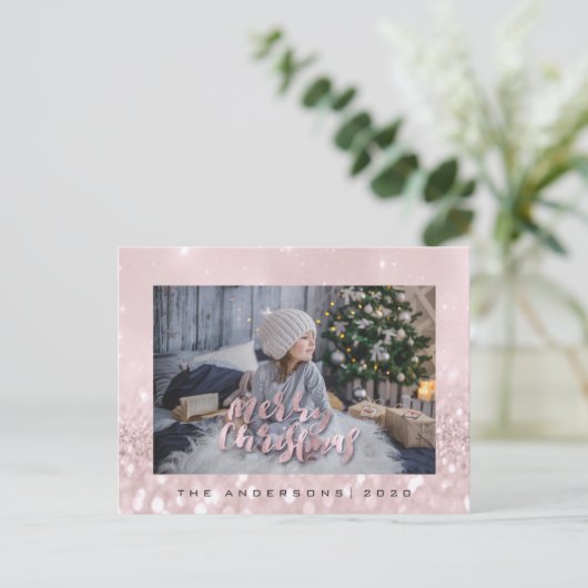 Frohe Weihnachten Blush Gold Spark Foto Glitzer Postkarte (Stehend Vorderseite)