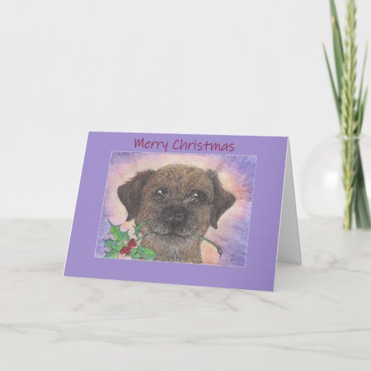Frohe Weihnachten, Border Terrier Dog & Holly Karte (Vorderseite)