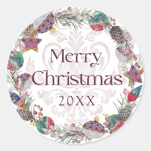 Frohe Weihnachten Botancial & Baubles Wreath Runder Aufkleber (Vorderseite)