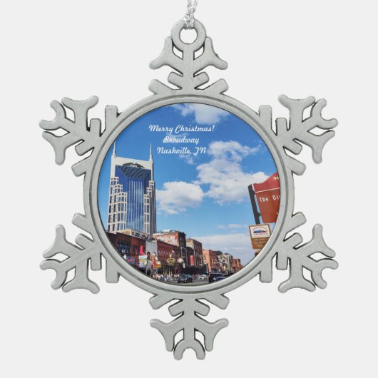 Frohe Weihnachten! Broadway, Nashville-Ornament Schneeflocken Zinn-Ornament (Vorderseite)