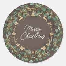 Frohe Weihnachten Brown Green Wreath Woodland Gold