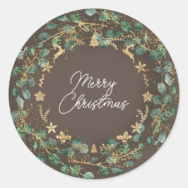 Frohe Weihnachten Brown Green Wreath Woodland Gold Runder Aufkleber