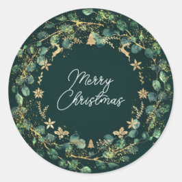 Frohe Weihnachten Brown Green Wreath Woodland Gold Runder Aufkleber