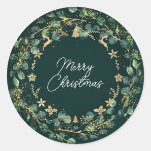 Frohe Weihnachten Brown Green Wreath Woodland Gold Runder Aufkleber