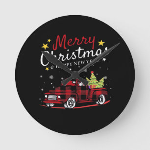 Frohe Weihnachten Buffalo Truck Schneemann Baum Ro Runde Wanduhr