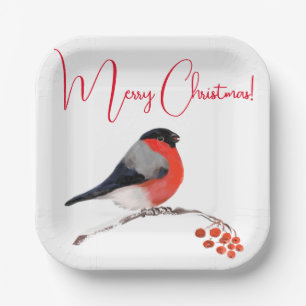 Frohe Weihnachten, Bullfinch im Winter Pappteller