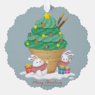 Frohe Weihnachten: Bunnies & Ice Cream Ornament Karte