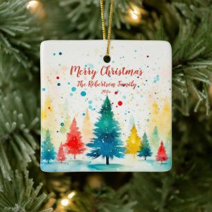 "Frohe Weihnachten" Bunte Tannen Keramikornament