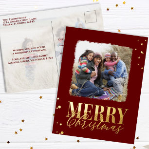Frohe Weihnachten Burgund Kalligrafie Zwei Foto Folien Feiertagspostkarte