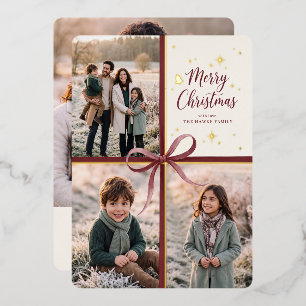 Frohe Weihnachten Burgunder-Schleifen-Foto-Collage Folien Feiertagskarte
