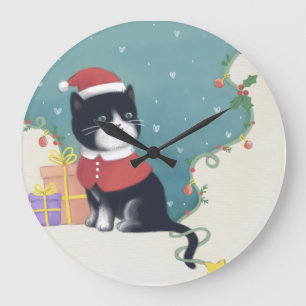 Frohe Weihnachten: Cat Illustration Art Große Wanduhr