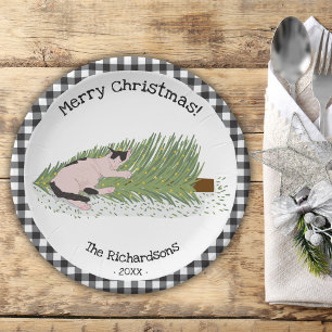 Frohe Weihnachten! Cat vs Tree Black & White Gingh Pappteller