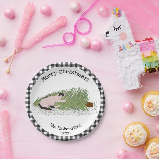 Frohe Weihnachten! Cat vs Tree Black & White Gingh Pappteller (Party)