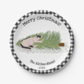 Frohe Weihnachten! Cat vs Tree Black & White Gingh Pappteller (Vorderseite)