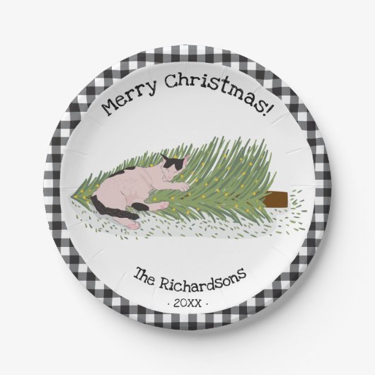 Frohe Weihnachten! Cat vs Tree Black & White Gingh Pappteller (Vorderseite)
