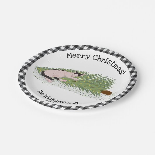 Frohe Weihnachten! Cat vs Tree Black & White Gingh Pappteller (Schrägansicht)