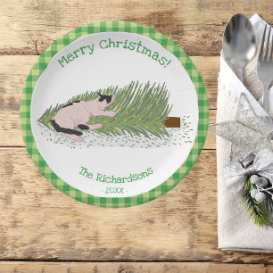 Frohe Weihnachten! Cat vs Tree Green Gingham Pappteller