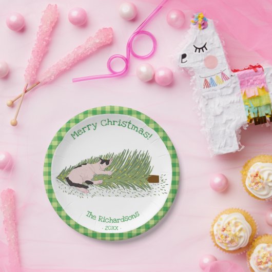 Frohe Weihnachten! Cat vs Tree Green Gingham Pappteller (Party)