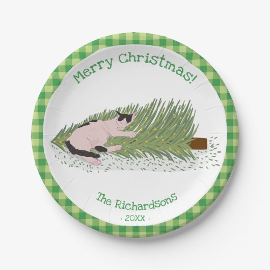 Frohe Weihnachten! Cat vs Tree Green Gingham Pappteller (Vorderseite)