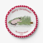 Frohe Weihnachten! Cat vs Tree Red Gingham Pappteller (Vorderseite)