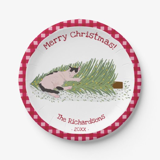 Frohe Weihnachten! Cat vs Tree Red Gingham Pappteller (Vorderseite)