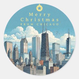 Frohe Weihnachten Chicago Skyline Holiday Runder Aufkleber