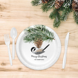 Frohe Weihnachten Chickadee auf Pinecone Pappteller