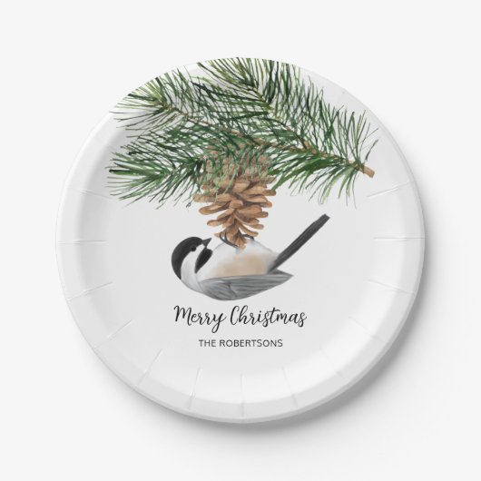 Frohe Weihnachten Chickadee auf Pinecone Pappteller (Vorderseite)