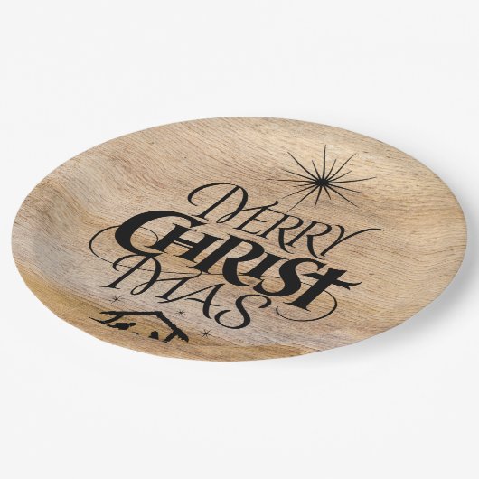 Frohe Weihnachten Christliche Kalligrafie Rustikal Pappteller (Schrägansicht)