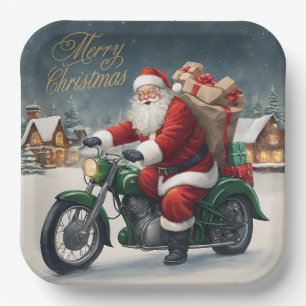 Frohe Weihnachten Cooler Vintage Santa auf Motorra Pappteller