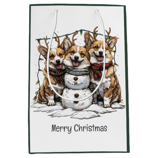 Frohe Weihnachten Corgi Dogs Snowman Mittlere Geschenktüte (Vorderseite)