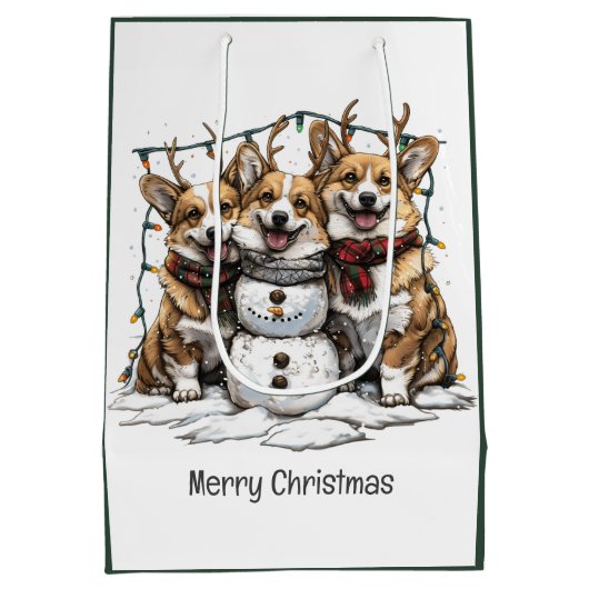 Frohe Weihnachten Corgi Dogs Snowman Mittlere Geschenktüte (Rückseite)