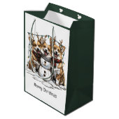 Frohe Weihnachten Corgi Dogs Snowman Mittlere Geschenktüte (Rückseite Schrägansicht)