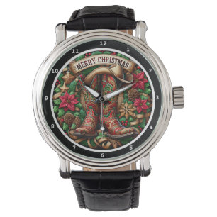 Frohe Weihnachten Cowboystiefel auf einem dekorati Armbanduhr