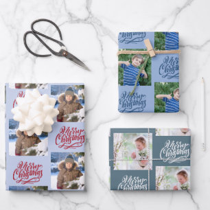 Frohe Weihnachten Custom Foto Blue Set von 3 Geschenkpapier Set
