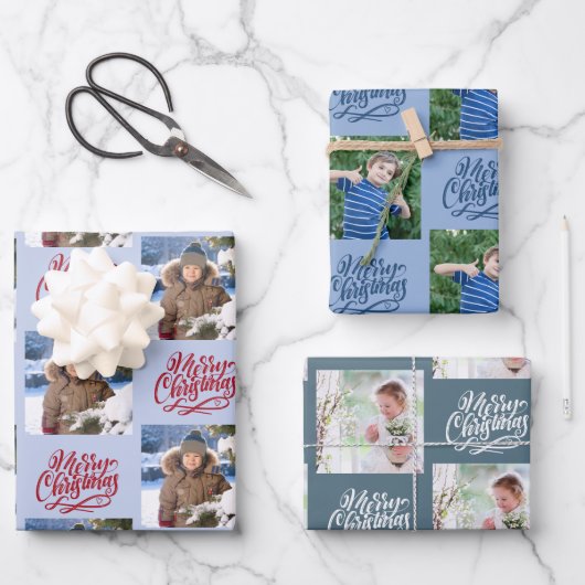 Frohe Weihnachten Custom Foto Blue Set von 3 Geschenkpapier Set (Vorderseite)