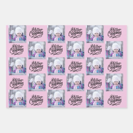 Frohe Weihnachten Custom Foto Rosa Set von 3 Geschenkpapier Set (Vorderseite)