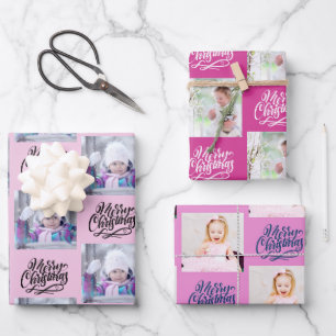 Frohe Weihnachten Custom Foto Rosa Set von 3 Geschenkpapier Set
