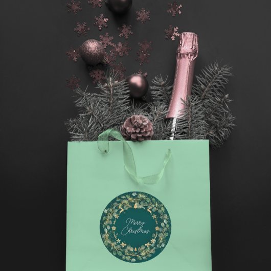 Frohe Weihnachten Deep Green Wreath Woodland Gold Runder Aufkleber