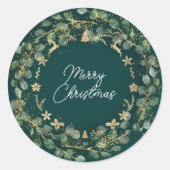 Frohe Weihnachten Deep Green Wreath Woodland Gold Runder Aufkleber (Vorderseite)