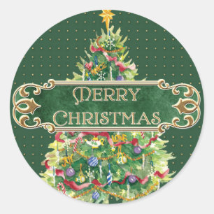 Frohe Weihnachten dekoriert Tree Star Gold Swirl Runder Aufkleber