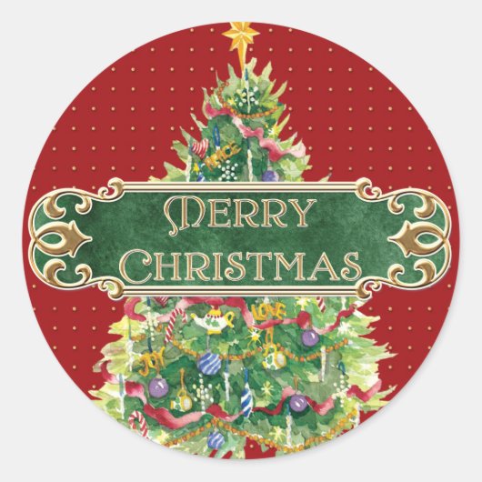 Frohe Weihnachten dekoriert Tree Star Gold Swirl Runder Aufkleber (Vorderseite)