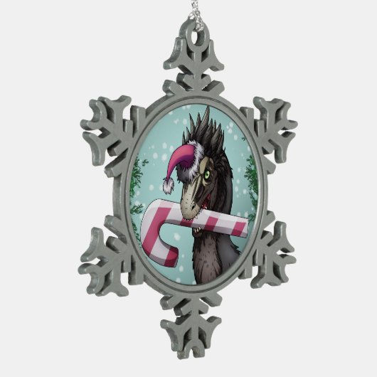 Frohe Weihnachten Dinosaur Schneeflocken Zinn-Ornament (Links)