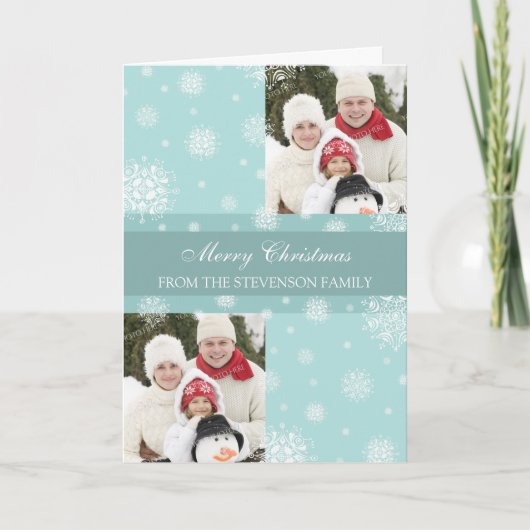 Frohe Weihnachten Double Foto Card Blue Snow (Vorderseite)