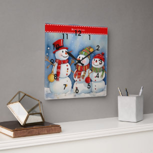Frohe Weihnachten, drei bunte Schneemänner, Quadratische Wanduhr
