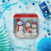 Frohe Weihnachten, drei farbige Schneemänner, Pappteller (Party)