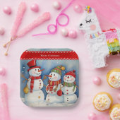 Frohe Weihnachten, drei farbige Schneemänner, Pappteller (Party)