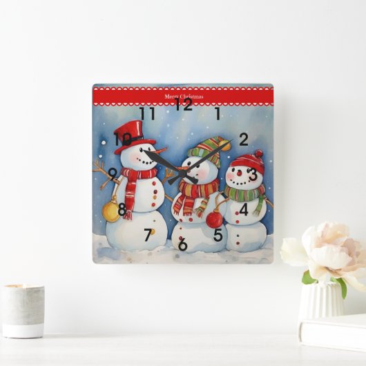 Frohe Weihnachten, drei farbige Schneemänner, Quadratische Wanduhr (Zuhause)